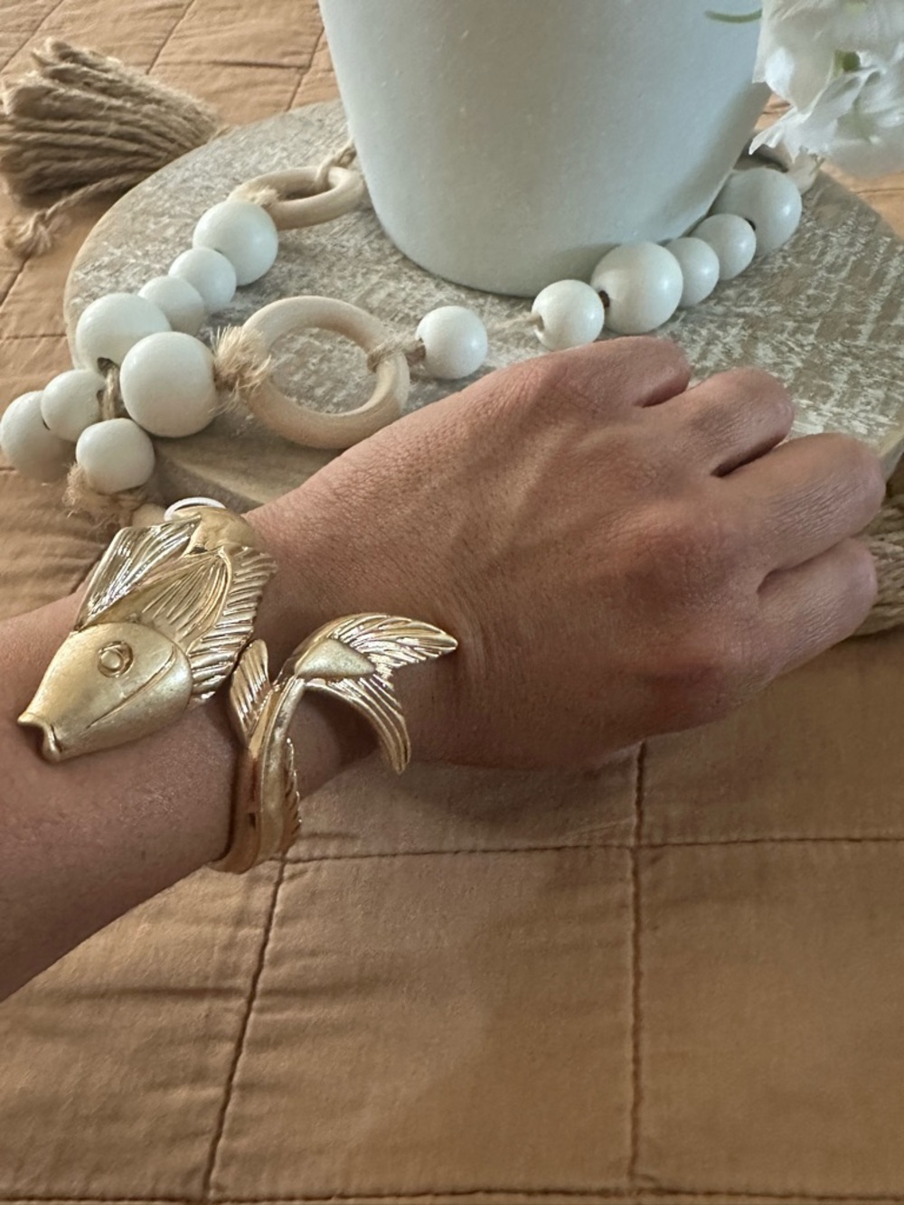 Gold Fish Wrap Cuff Bracelet - Sculpted Fish Design